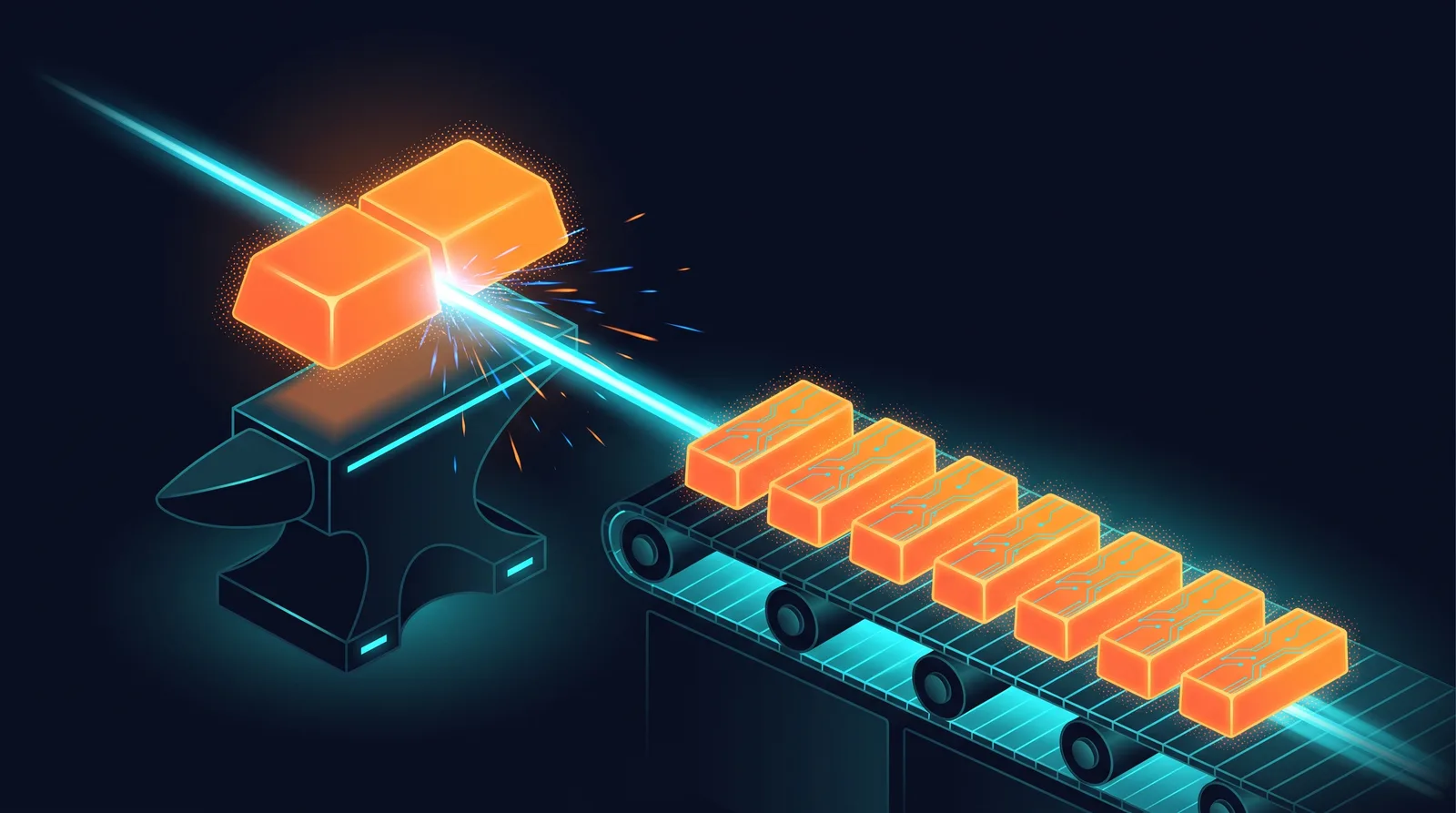 Illustration: one large glowing block is split on the anvil into a row of equally sized small billets — an epic becomes stories