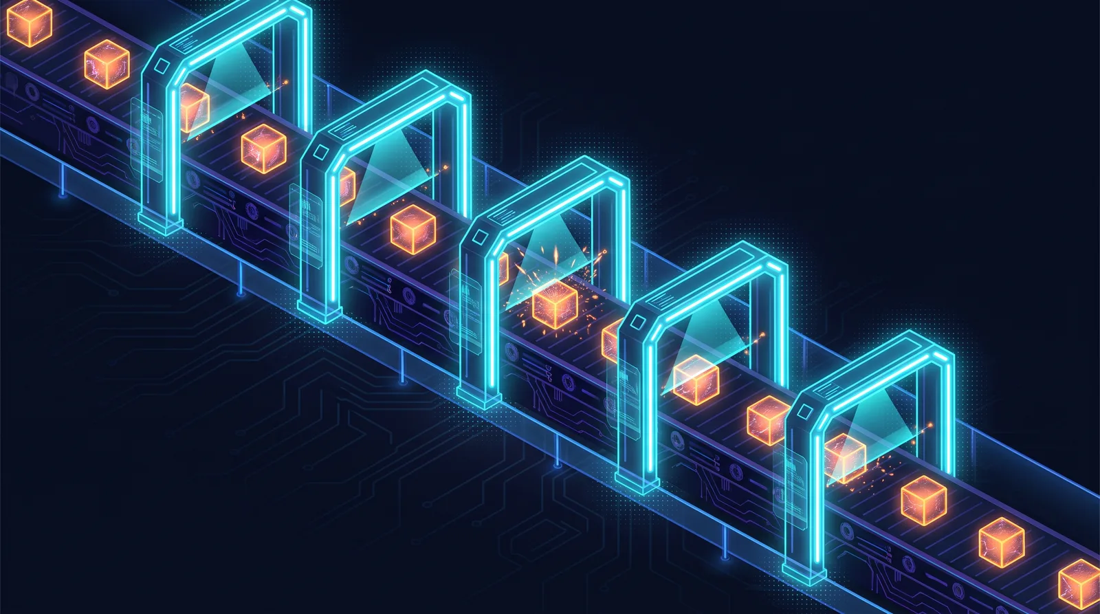 A conveyor of glowing billets passes through five luminous inspection gates — every work step passes the same guard rails